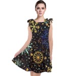 Gold Teal Snowflakes Gold Abstract Christmas Tie Up Tunic Dress