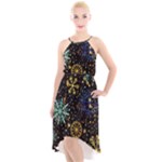 Gold Teal Snowflakes Gold Abstract Christmas High-Low Halter Chiffon Dress 