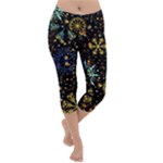 Gold Teal Snowflakes Gold Abstract Christmas Lightweight Velour Capri Yoga Leggings