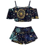 Gold Teal Snowflakes Gold Abstract Christmas Kids  Off Shoulder Skirt Bikini