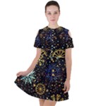 Gold Teal Snowflakes Gold Abstract Christmas Short Sleeve Shoulder Cut Out Dress 