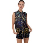 Gold Teal Snowflakes Gold Abstract Christmas Sleeveless Chiffon Button Shirt