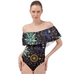 Gold Teal Snowflakes Gold Abstract Christmas Off Shoulder Velour Bodysuit 