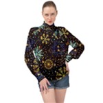 Gold Teal Snowflakes Gold Abstract Christmas High Neck Long Sleeve Chiffon Top