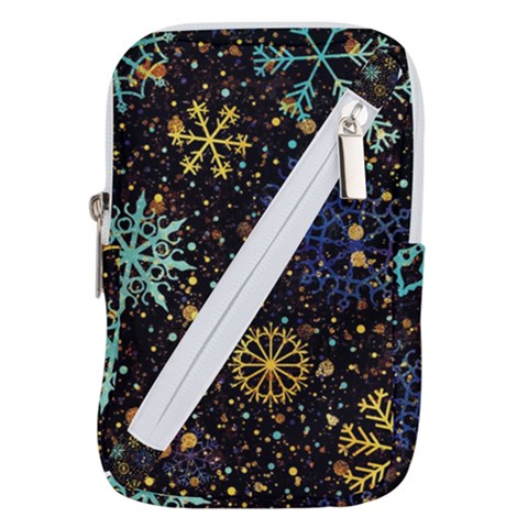 Gold Teal Snowflakes Gold Abstract Christmas Belt Pouch Bag (Large) from ArtsNow.com