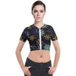 Gold Teal Snowflakes Gold Abstract Christmas Short Sleeve Cropped Jacket