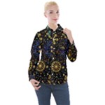 Gold Teal Snowflakes Gold Abstract Christmas Women s Long Sleeve Pocket Shirt