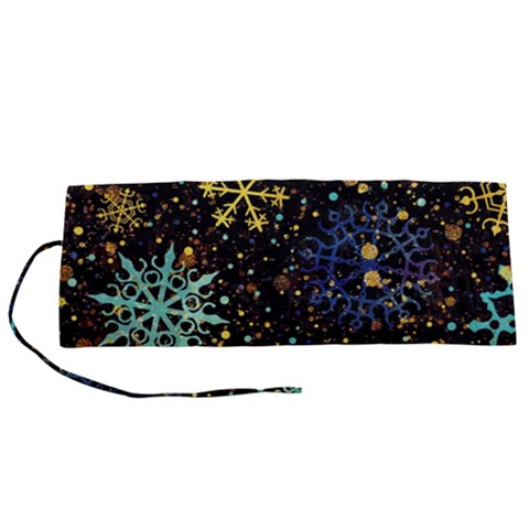 Gold Teal Snowflakes Gold Abstract Christmas Roll Up Canvas Pencil Holder (S) from ArtsNow.com