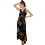 Gold Teal Snowflakes Gold Abstract Christmas V-Neck Chiffon Maxi Dress