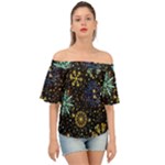 Gold Teal Snowflakes Gold Abstract Christmas Off Shoulder Short Sleeve Top