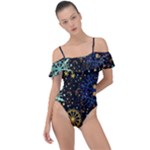 Gold Teal Snowflakes Gold Abstract Christmas Frill Detail One Piece Swimsuit