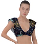 Gold Teal Snowflakes Gold Abstract Christmas Plunge Frill Sleeve Bikini Top