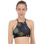 Gold Teal Snowflakes Gold Abstract Christmas Halter Bikini Top