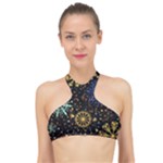 Gold Teal Snowflakes Gold Abstract Christmas High Neck Bikini Top