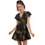 Gold Teal Snowflakes Gold Abstract Christmas Flutter Sleeve Wrap Dress