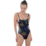 Gold Teal Snowflakes Gold Abstract Christmas Tie Strap One Piece Swimsuit