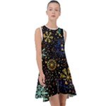 Gold Teal Snowflakes Gold Abstract Christmas Frill Swing Dress