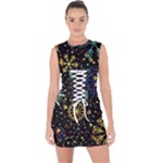 Gold Teal Snowflakes Gold Abstract Christmas Lace Up Front Bodycon Dress