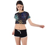 Gold Teal Snowflakes Gold Abstract Christmas Tie Back Short Sleeve Crop T-Shirt