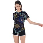 Gold Teal Snowflakes Gold Abstract Christmas Asymmetrical Short Sleeve Sports T-Shirt