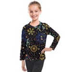 Gold Teal Snowflakes Gold Abstract Christmas Kids  Long Mesh T-Shirt