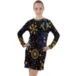 Gold Teal Snowflakes Gold Abstract Christmas Long Sleeve Hoodie Dress