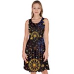 Gold Teal Snowflakes Gold Abstract Christmas Knee Length Skater Dress With Pockets