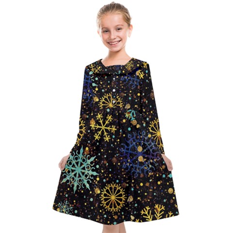 Gold Teal Snowflakes Gold Abstract Christmas Kids  Midi Sailor Dress from ArtsNow.com