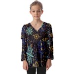 Gold Teal Snowflakes Gold Abstract Christmas Kids  V Neck Casual Top