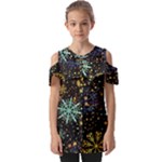 Gold Teal Snowflakes Gold Abstract Christmas Fold Over Open Sleeve Top