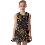 Gold Teal Snowflakes Gold Abstract Christmas Kids  Pilgrim Collar Ruffle Hem Dress