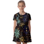 Gold Teal Snowflakes Gold Abstract Christmas Kids  Short Sleeve Pinafore Style Dress