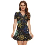 Gold Teal Snowflakes Gold Abstract Christmas V-Neck High Waist Chiffon Mini Dress