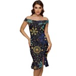 Gold Teal Snowflakes Gold Abstract Christmas Off Shoulder Ruffle Split Hem Bodycon Dress