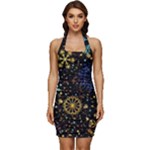 Gold Teal Snowflakes Gold Abstract Christmas Sleeveless Wide Square Neckline Ruched Bodycon Dress