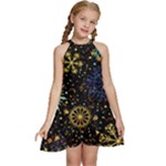 Gold Teal Snowflakes Gold Abstract Christmas Kids  Halter Collar Waist Tie Chiffon Dress