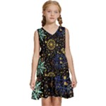 Gold Teal Snowflakes Gold Abstract Christmas Kids  Sleeveless Tiered Mini Dress