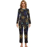 Gold Teal Snowflakes Gold Abstract Christmas Womens  Long Sleeve Lightweight Pajamas Set