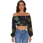 Gold Teal Snowflakes Gold Abstract Christmas Long Sleeve Crinkled Weave Crop Top