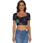 Gold Teal Snowflakes Gold Abstract Christmas Short Sleeve Square Neckline Crop Top 