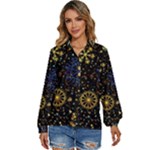 Gold Teal Snowflakes Gold Abstract Christmas Women s Long Sleeve Button Up Shirt