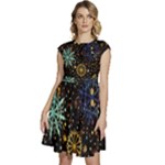 Gold Teal Snowflakes Gold Abstract Christmas Cap Sleeve High Waist Dress