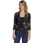 Gold Teal Snowflakes Gold Abstract Christmas Women s One-Button 3/4 Sleeve Short Jacket