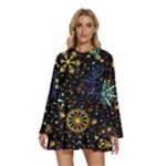 Gold Teal Snowflakes Gold Abstract Christmas Round Neck Long Sleeve Bohemian Style Chiffon Mini Dress