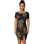 Gold Teal Snowflakes Gold Abstract Christmas Fitted Knot Split End Bodycon Dress