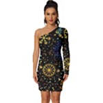 Gold Teal Snowflakes Gold Abstract Christmas Long Sleeve One Shoulder Mini Dress