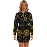 Gold Teal Snowflakes Gold Abstract Christmas Womens Long Sleeve Shirt Dress