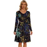 Gold Teal Snowflakes Gold Abstract Christmas Long Sleeve Dress With Pocket