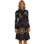 Gold Teal Snowflakes Gold Abstract Christmas Long Sleeve Shirt Collar A-Line Dress