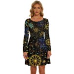 Gold Teal Snowflakes Gold Abstract Christmas Long Sleeve Wide Neck Velvet Dress